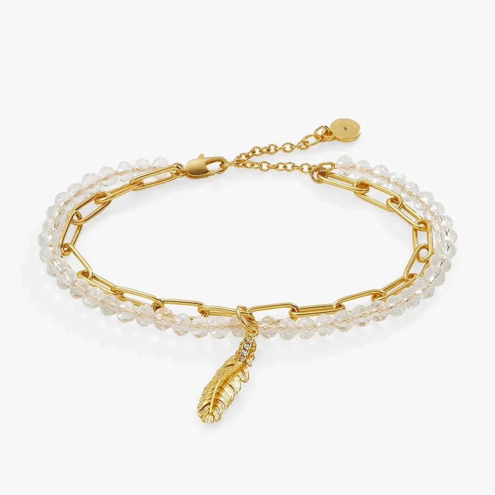 Alex and Ani Feather Chain Bracelet Gold Tone with Clear Crystals NWT